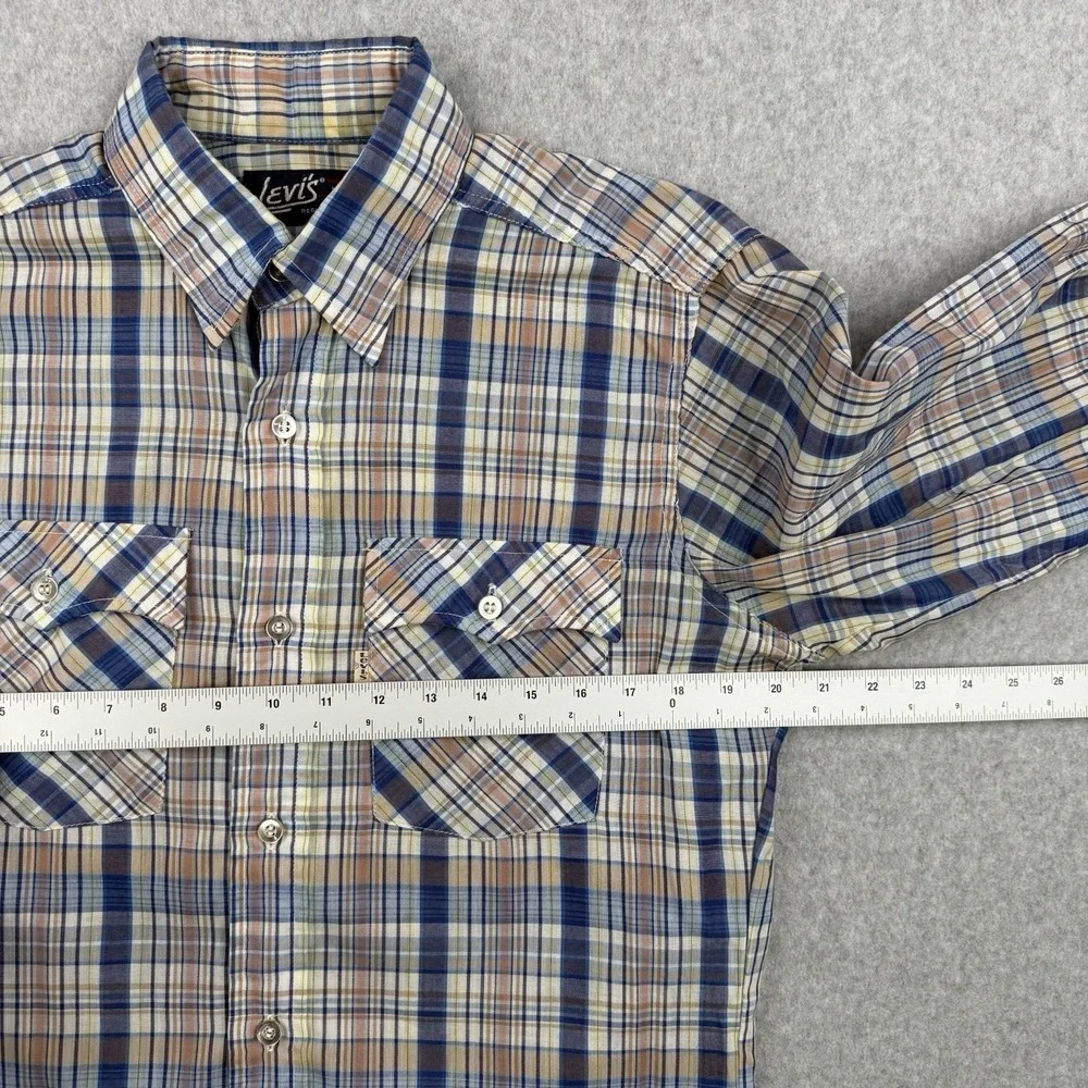 Vintage Levis Shirt Mens Medium Blue Plaid 70s Tapered Western Long Sleeve‎